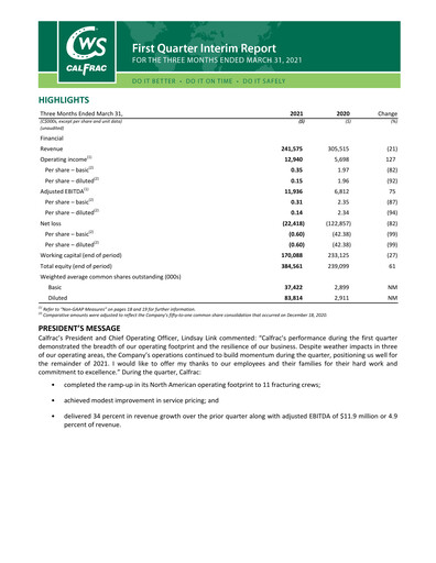 Thumbnail Calfrac Well Services Quarterly Report 2021-q1