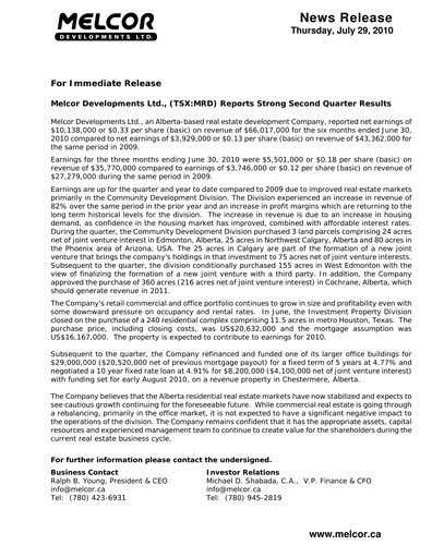 Miniature Melcor Developments Rapport trimestriel 2010-q2