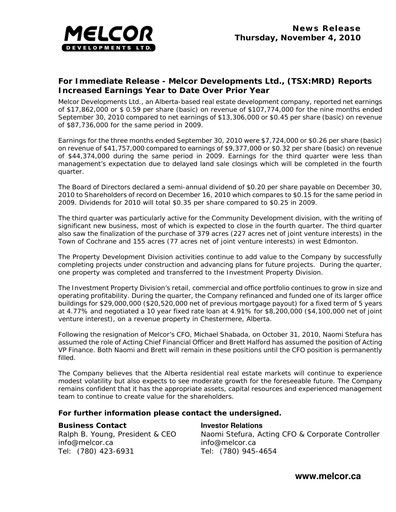 Miniature Melcor Developments Rapport trimestriel 2010-q3