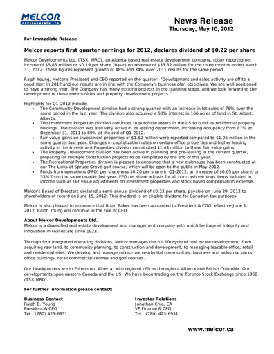 Miniature Melcor Developments Rapport trimestriel 2012-q1