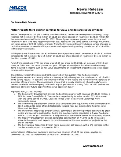 Miniature Melcor Developments Rapport trimestriel 2012-q3
