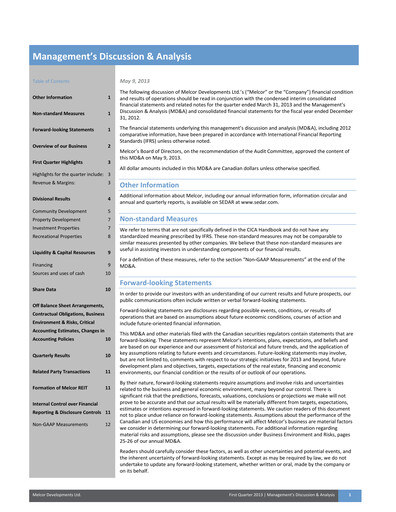 Miniature Melcor Developments Rapport trimestriel 2013-q1