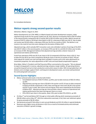 Miniature Melcor Developments Rapport trimestriel 2013-q2