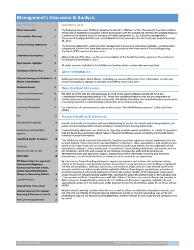 Miniature Melcor Developments Rapport trimestriel 2013-q3