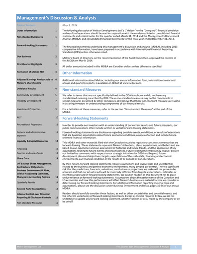 Miniature Melcor Developments Rapport trimestriel 2014-q1