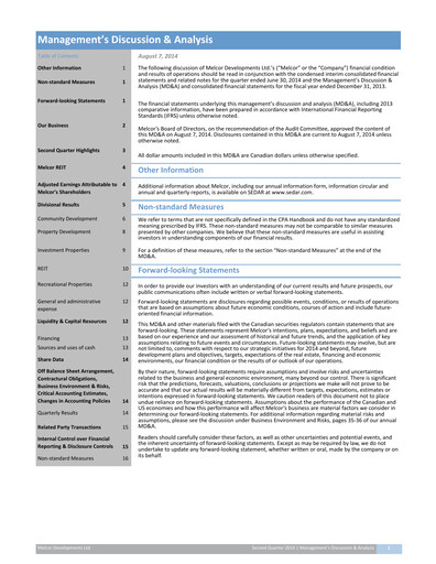 Miniature Melcor Developments Rapport trimestriel 2014-q2