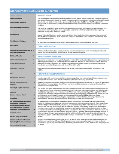 Miniature Melcor Developments Rapport trimestriel 2014-q3