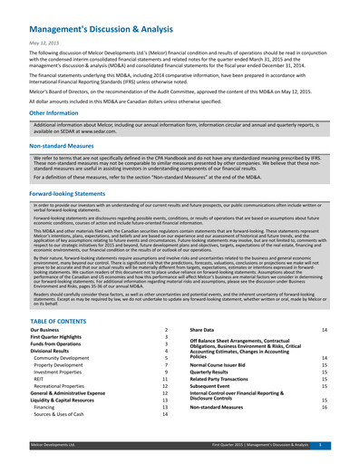 Miniature Melcor Developments Rapport trimestriel 2015-q1