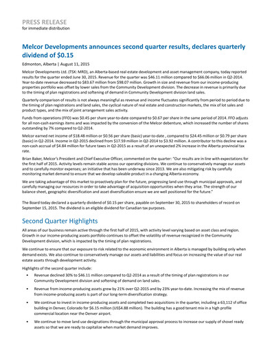 Miniature Melcor Developments Rapport trimestriel 2015-q2