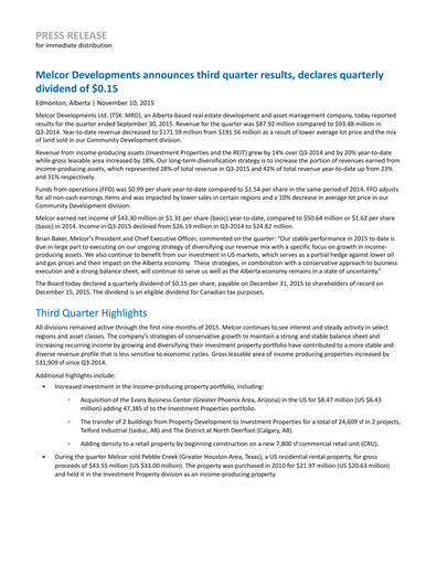Miniature Melcor Developments Rapport trimestriel 2015-q3