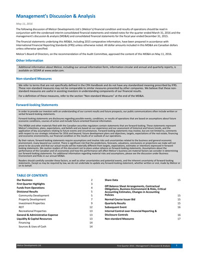 Miniature Melcor Developments Rapport trimestriel 2016-q1