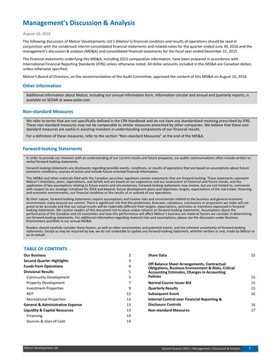 Miniature Melcor Developments Rapport trimestriel 2016-q2