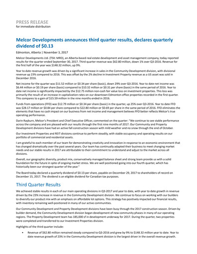 Miniature Melcor Developments Rapport trimestriel 2017-q3