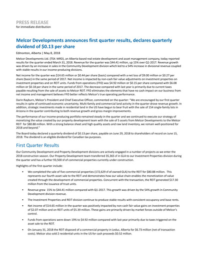Miniature Melcor Developments Rapport trimestriel 2018-q1
