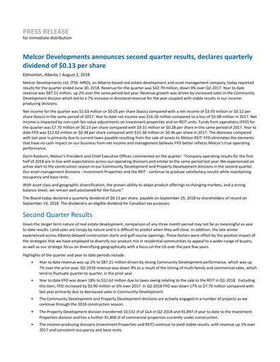 Miniature Melcor Developments Rapport trimestriel 2018-q2