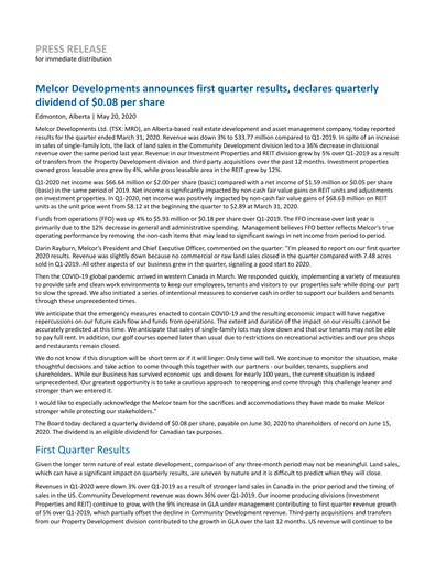Miniature Melcor Developments Rapport trimestriel 2020-q1