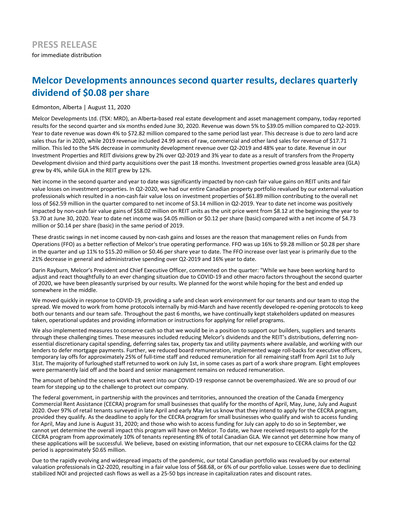 Miniature Melcor Developments Rapport trimestriel 2020-q2