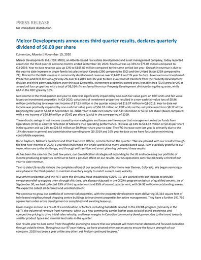 Miniature Melcor Developments Rapport trimestriel 2020-q3