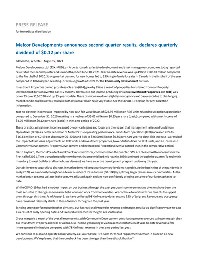 Miniature Melcor Developments Rapport trimestriel 2021-q2
