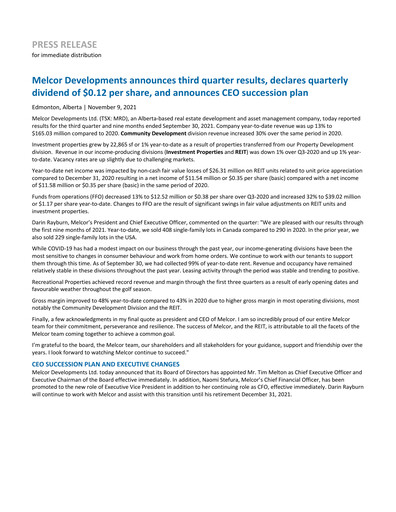 Miniature Melcor Developments Rapport trimestriel 2021-q3