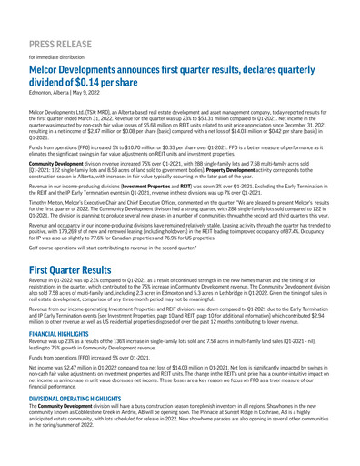 Miniature Melcor Developments Rapport trimestriel 2022-q1