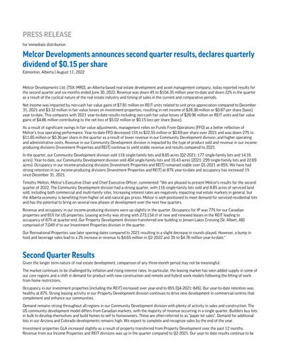 Miniature Melcor Developments Rapport trimestriel 2022-q2
