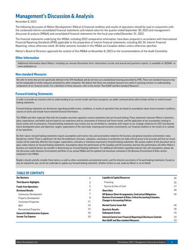 Miniature Melcor Developments Rapport trimestriel 2023-q3