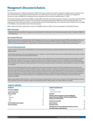 Miniature Melcor Developments Rapport trimestriel 2024-q1