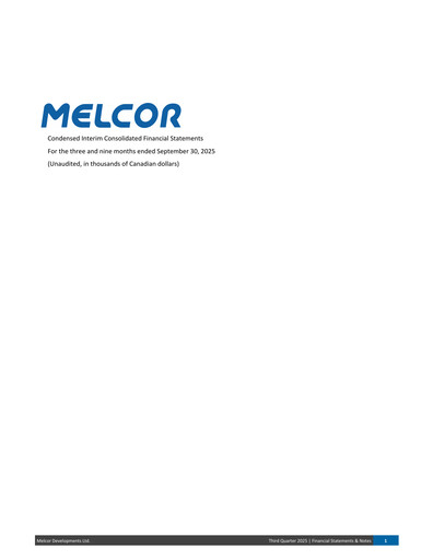 Miniature Melcor Developments Rapport trimestriel 2025-q3