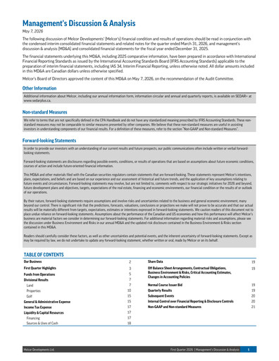 Thumbnail Melcor Developments Quarterly Report 2026-q1