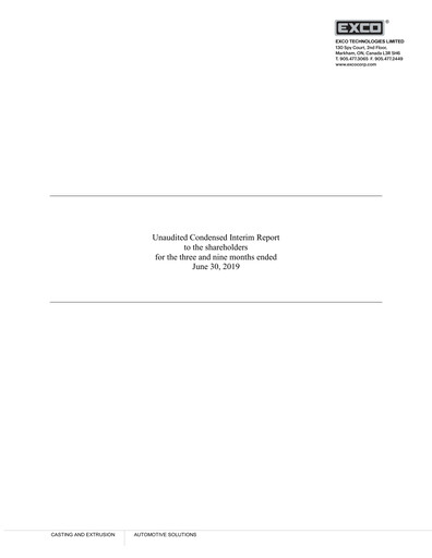 Vorschaubild Exco Technologies Limited Quartalsbericht 2019-q3