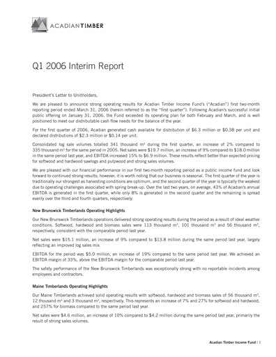 Vorschaubild Acadian Timber Quartalsbericht 2006-q1
