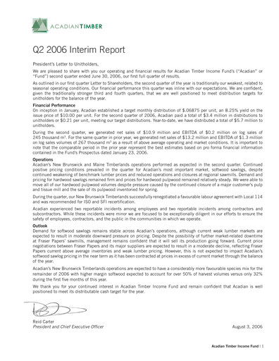 Vorschaubild Acadian Timber Quartalsbericht 2006-q2