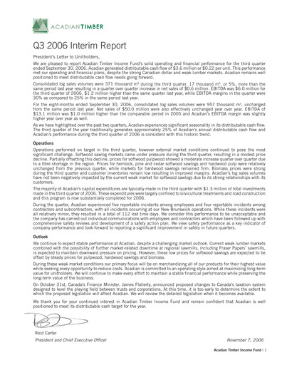 Vorschaubild Acadian Timber Quartalsbericht 2006-q3