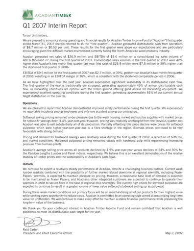 Vorschaubild Acadian Timber Quartalsbericht 2007-q1