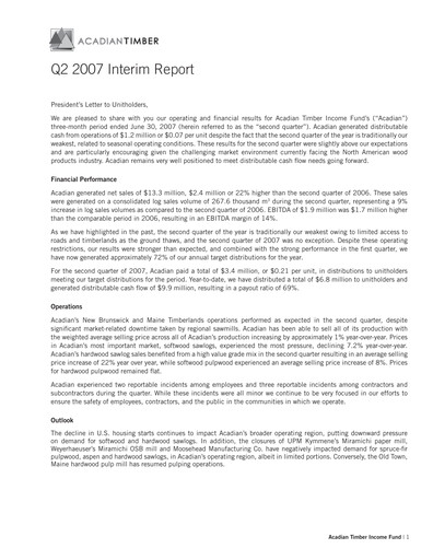 Vorschaubild Acadian Timber Quartalsbericht 2007-q2