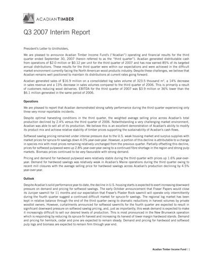 Vorschaubild Acadian Timber Quartalsbericht 2007-q3