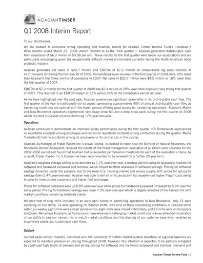 Vorschaubild Acadian Timber Quartalsbericht 2008-q1