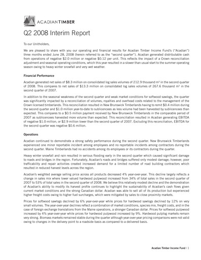 Vorschaubild Acadian Timber Quartalsbericht 2008-q2