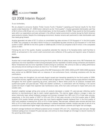 Vorschaubild Acadian Timber Quartalsbericht 2008-q3