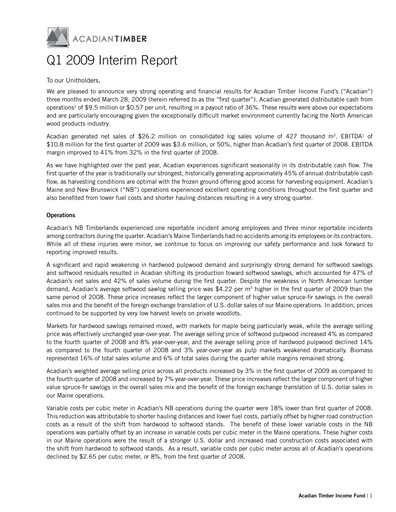 Vorschaubild Acadian Timber Quartalsbericht 2009-q1