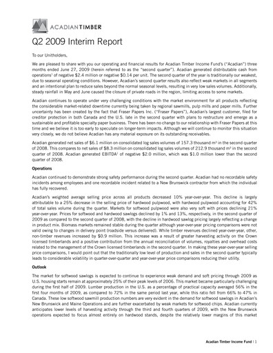 Vorschaubild Acadian Timber Quartalsbericht 2009-q2