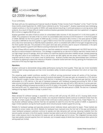 Vorschaubild Acadian Timber Quartalsbericht 2009-q3