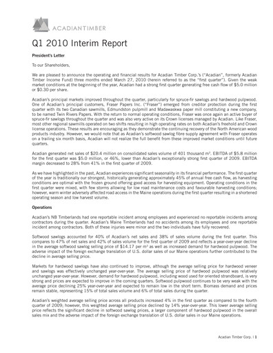 Vorschaubild Acadian Timber Quartalsbericht 2010-q1