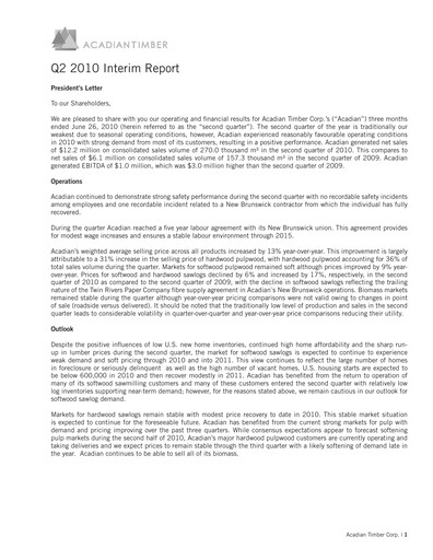 Vorschaubild Acadian Timber Quartalsbericht 2010-q2