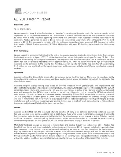 Vorschaubild Acadian Timber Quartalsbericht 2010-q3