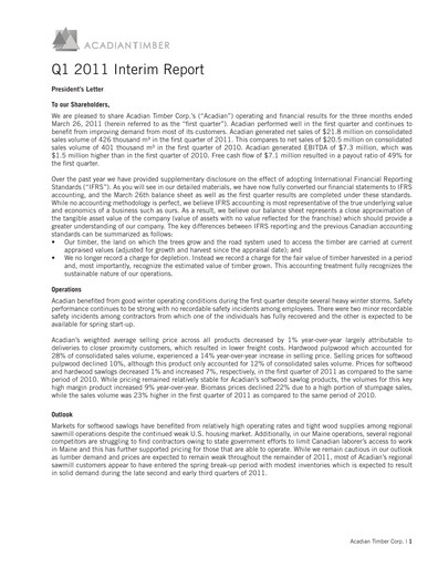 Vorschaubild Acadian Timber Quartalsbericht 2011-q1