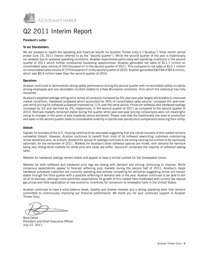 Vorschaubild Acadian Timber Quartalsbericht 2011-q2
