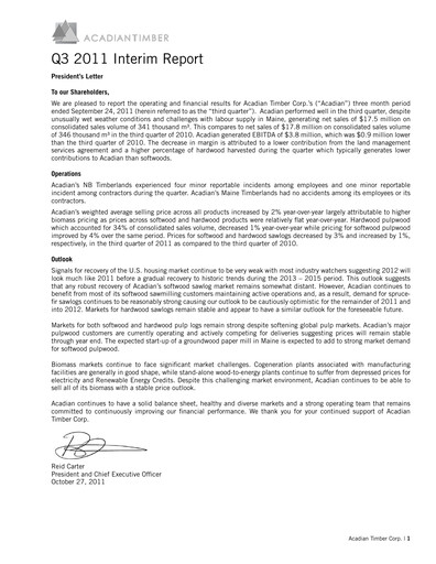 Vorschaubild Acadian Timber Quartalsbericht 2011-q3