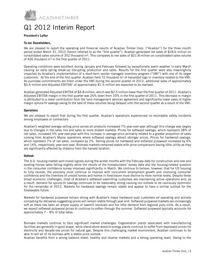 Vorschaubild Acadian Timber Quartalsbericht 2012-q1